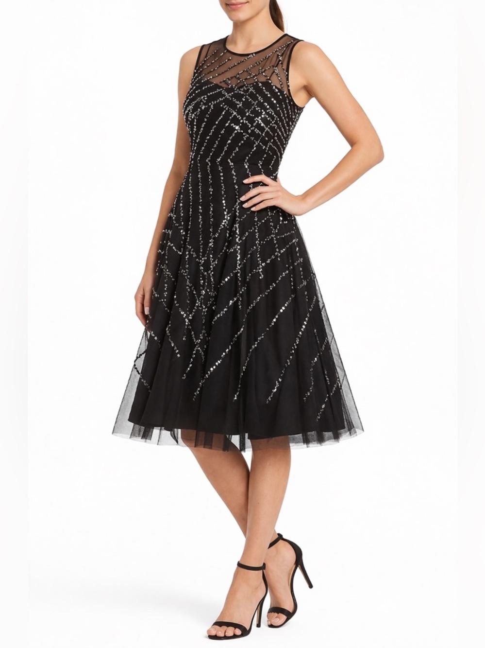 Aidan Mattox Dress Black Silver Sequin Tulle Fit and Flare Lined Size 4 Cocktail